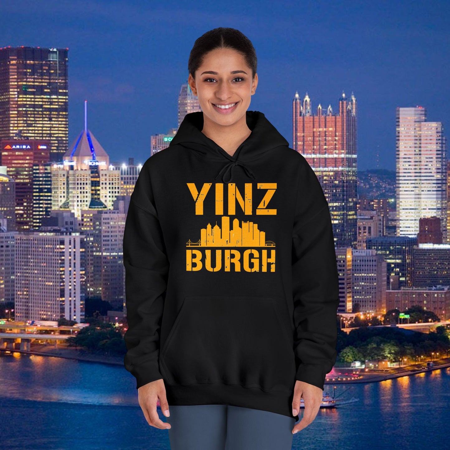 YINZ BURGH Pittsburgh Skyline Hoodie | Steel City Yinzer Pullover | PGH Downtown Graphic Sweatshirt