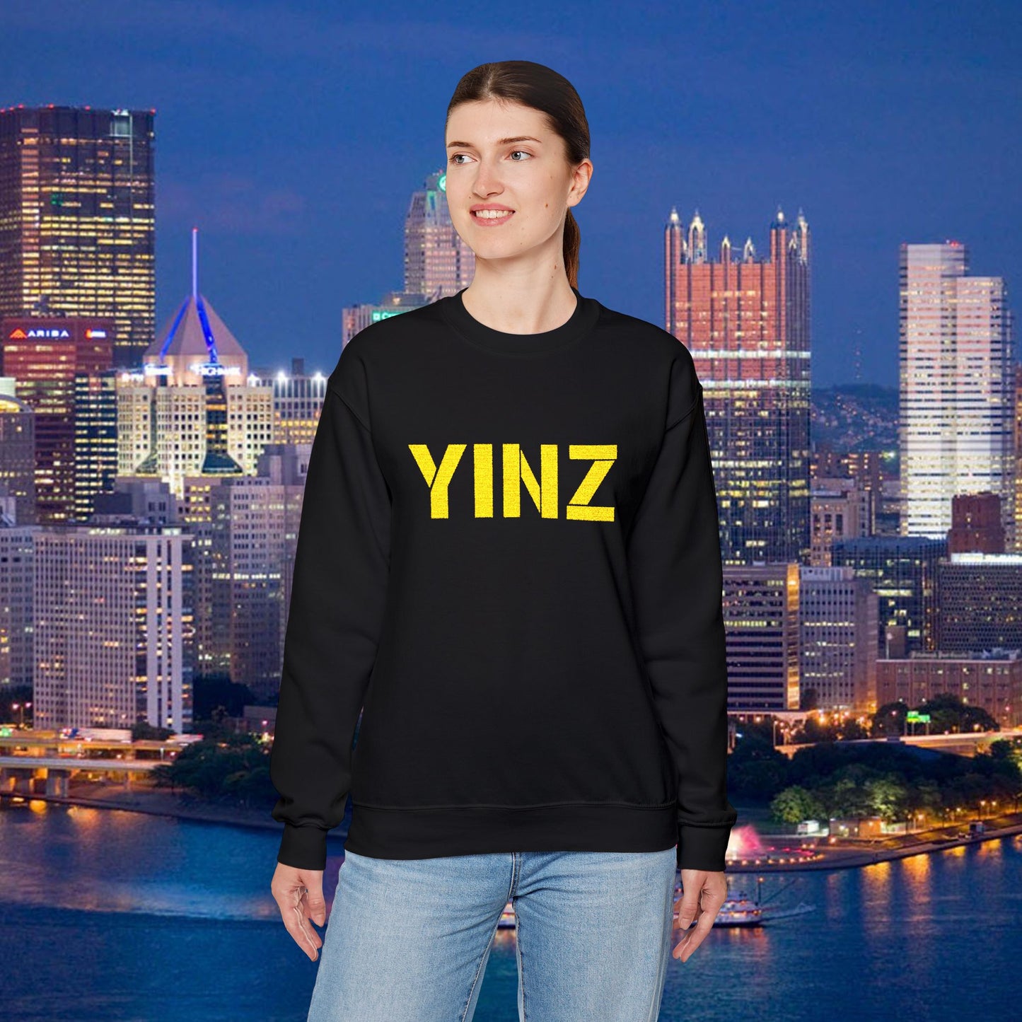 Black YINZ Embroidered Crewneck Sweatshirt, Pittsburghese Apparel, Gold Stitching, Steel City Gift, Unisex Cozy Sweater