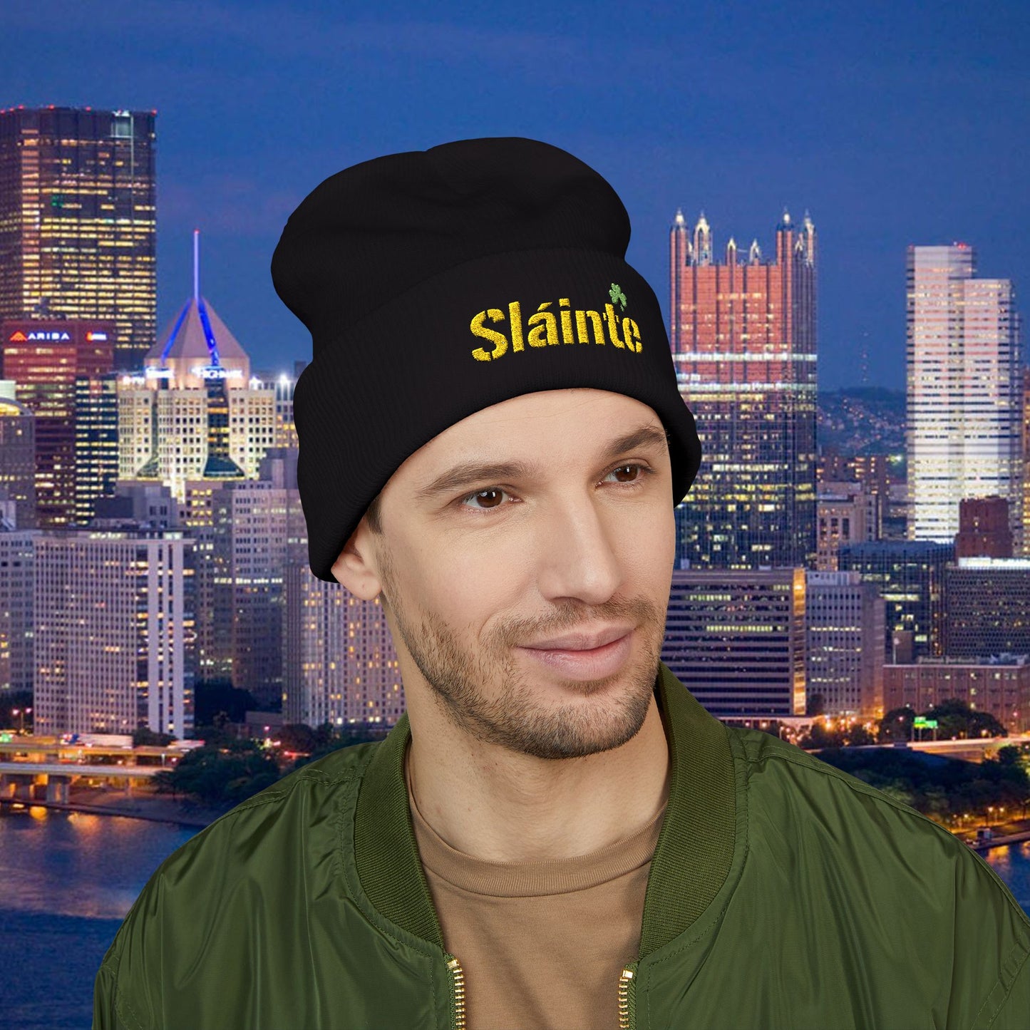Slainte Shamrock Embroidered Beanie | Pittsburgh Yinzer Inspired Irish Hat | Black & Gold Style Winter Cap | St Patricks Day Gift