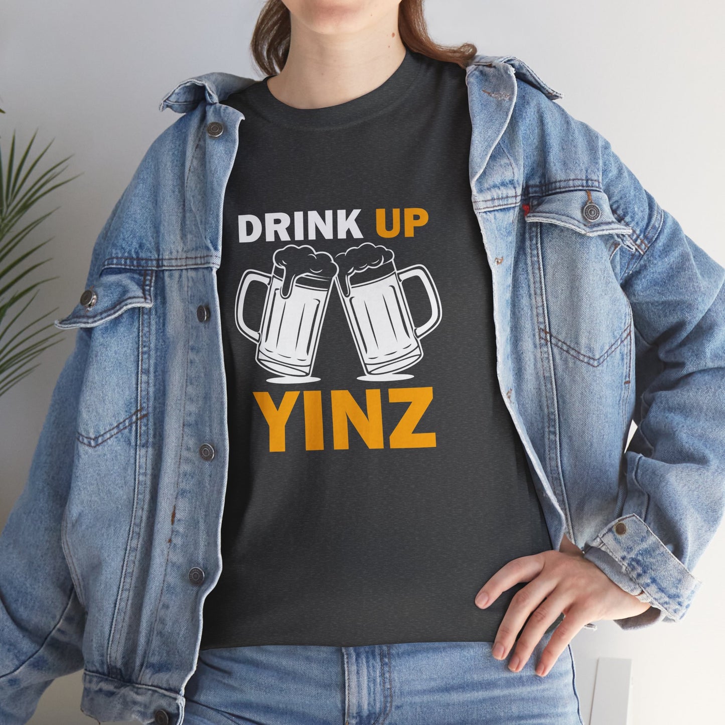 Drink Up YINZ T-Shirt Two Beer Mugs Graphic | Funny Pittsburghese Yinzer Shirt | PGH Party & Tailgate Tee