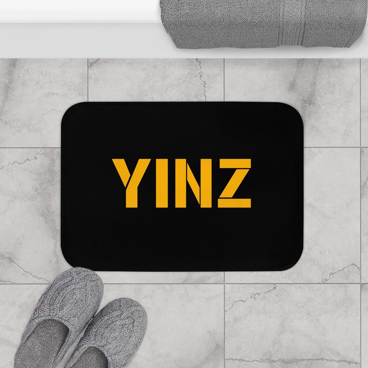 YINZ Bath Mat, Pittsburghese Bathroom Rug, Black and Gold Yinzer Decor, Pittsburgh Bathroom Mat, Funny Pittsburgh Housewarming Gift