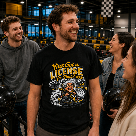 Yinz Got a License for That Shirt, Funny Pittsburgh Go Kart T-Shirt, Sarcastic Yinzer Racing Tee, Black and Gold Burgh Gift