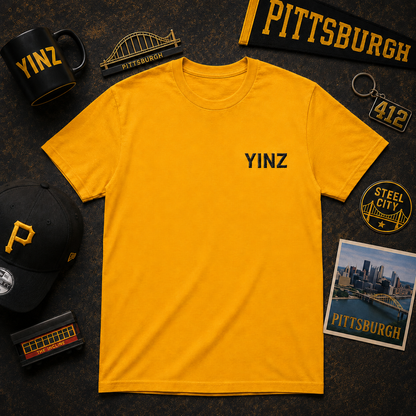 Steeler Gold Embroidered T-Shirt YINZ in Black Thread (Left Chest) | Pittsburghese Yinzer Tee | Steel City Pride