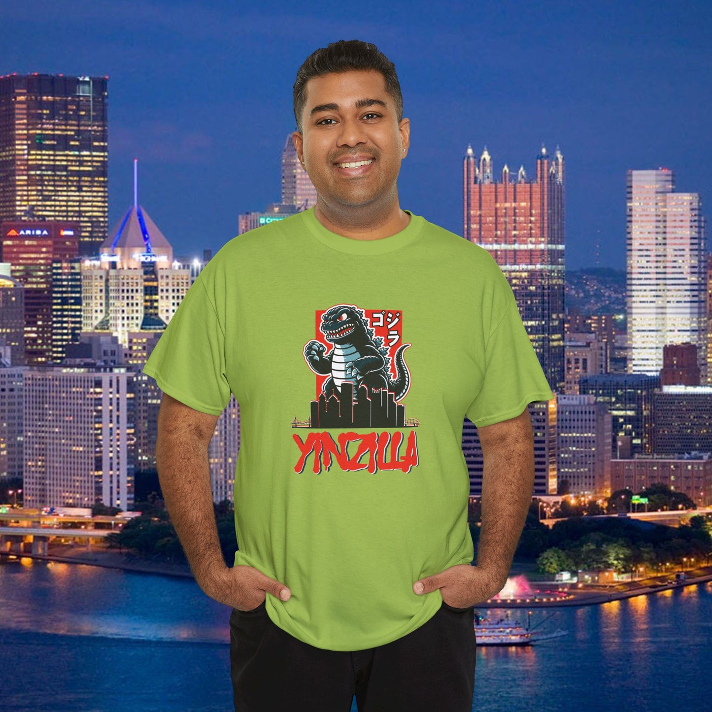 YINZILLA T-Shirt  Giant Lizard & Pittsburgh Skyline Silhouette Funny Yinzer PGH Monster Tee