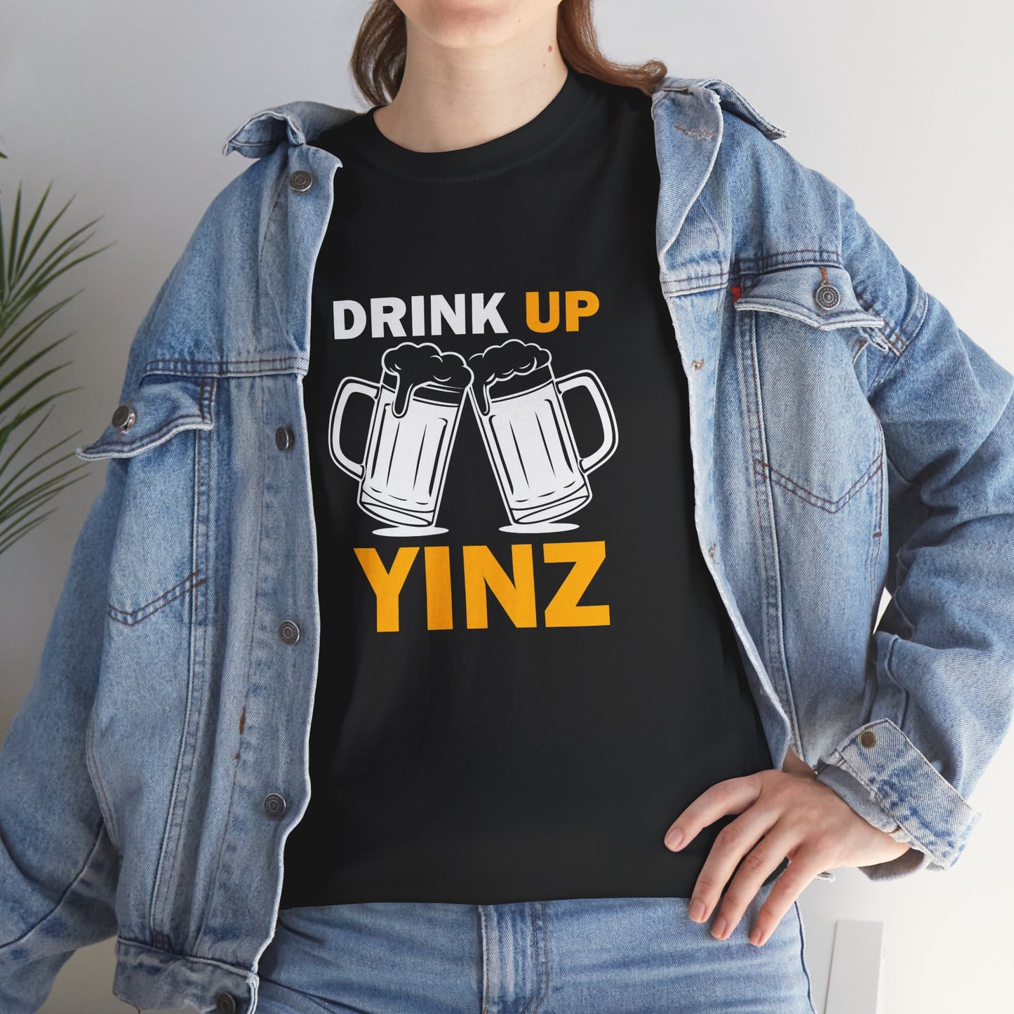 Drink Up YINZ T-Shirt Two Beer Mugs Graphic | Funny Pittsburghese Yinzer Shirt | PGH Party & Tailgate Tee