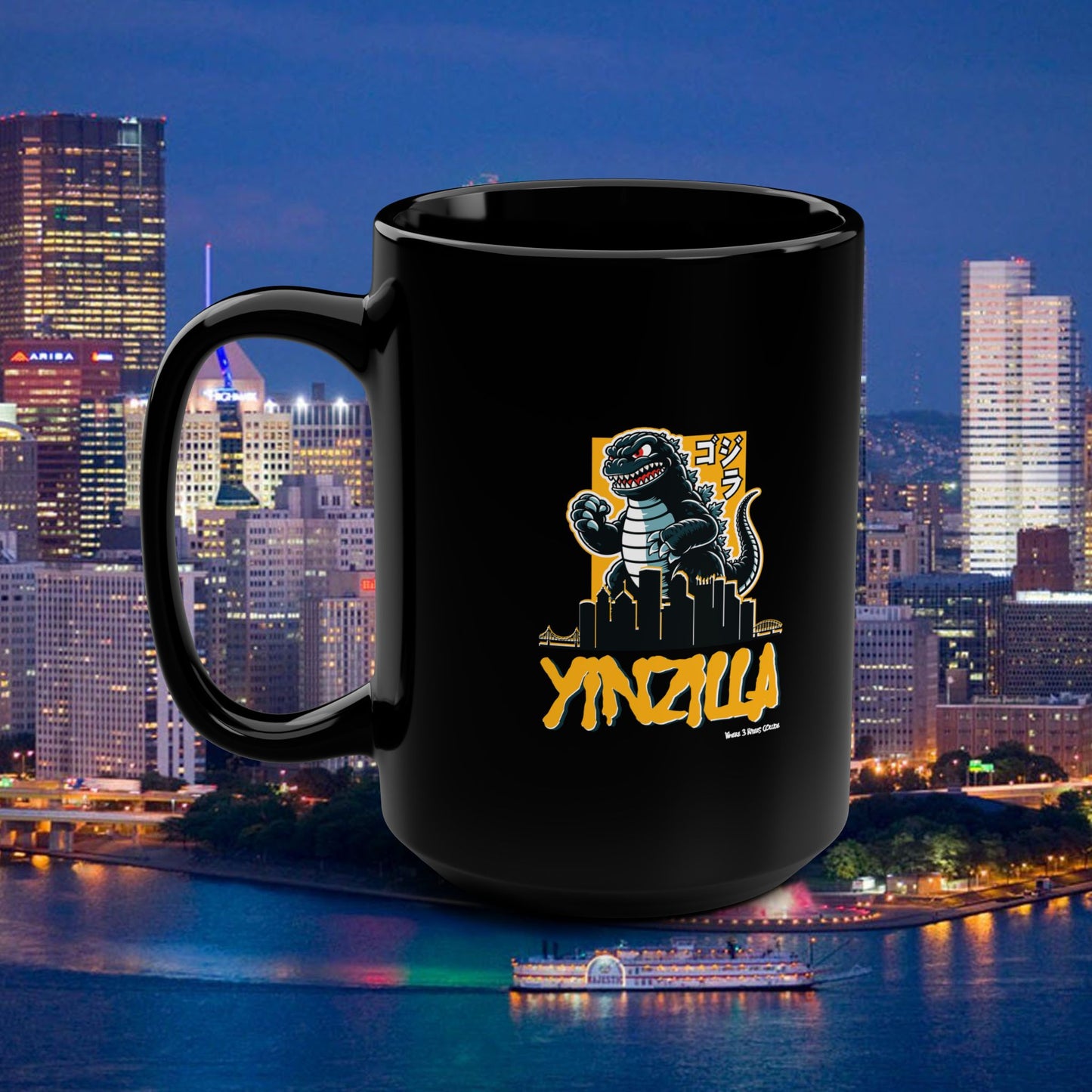 YINZILLA Coffee Mug 15oz | Pittsburgh Yinz Parody Godzilla Mug | Yinzer Funny PGH Gift | Black & Gold Humor Cup