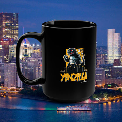 YINZILLA Coffee Mug 15oz | Pittsburgh Yinz Parody Godzilla Mug | Yinzer Funny PGH Gift | Black & Gold Humor Cup