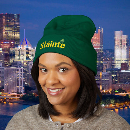 Slainte Shamrock Embroidered Beanie | Pittsburgh Yinzer Inspired Irish Hat | Black & Gold Style Winter Cap | St Patricks Day Gift