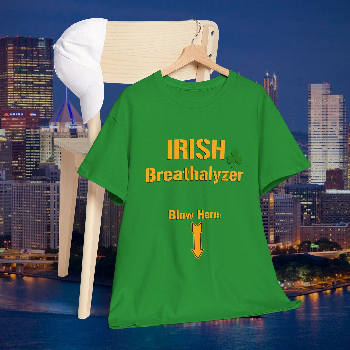 Irish Breathalyzer Blow Here T-Shirt | Funny St Patricks Day Pittsburgh Yinzer Shirt | Steelers Style Font Parody | Irish Drinking Tee