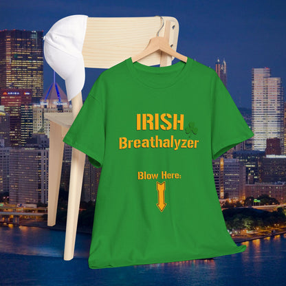 Irish Breathalyzer Blow Here T-Shirt | Funny St Patricks Day Pittsburgh Yinzer Shirt | Steelers Style Font Parody | Irish Drinking Tee