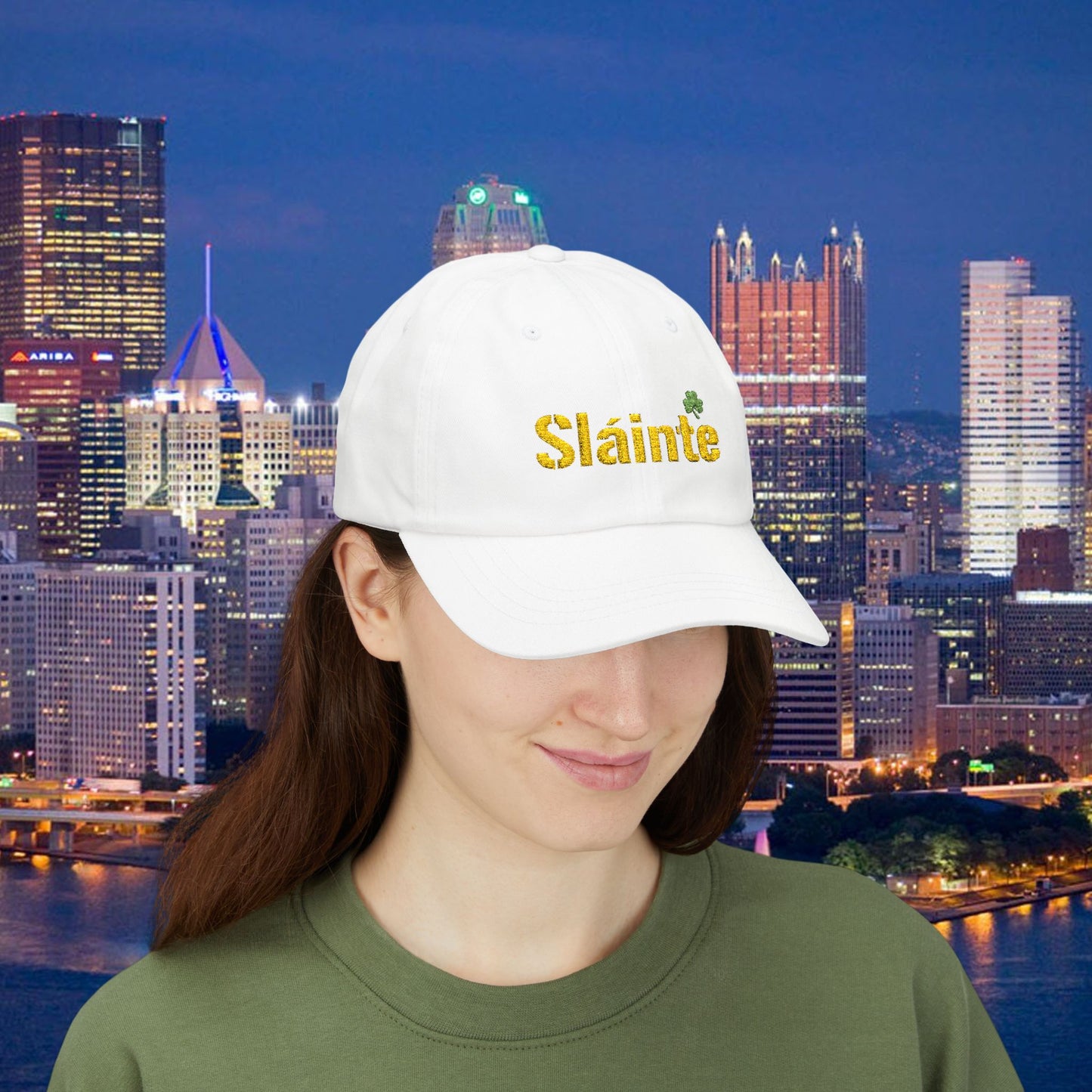 Slainte Shamrock Embroidered Dad Hat | Pittsburgh Yinzer Inspired Irish Cap | Black & Gold Style Baseball Hat | St Patricks Day Gift