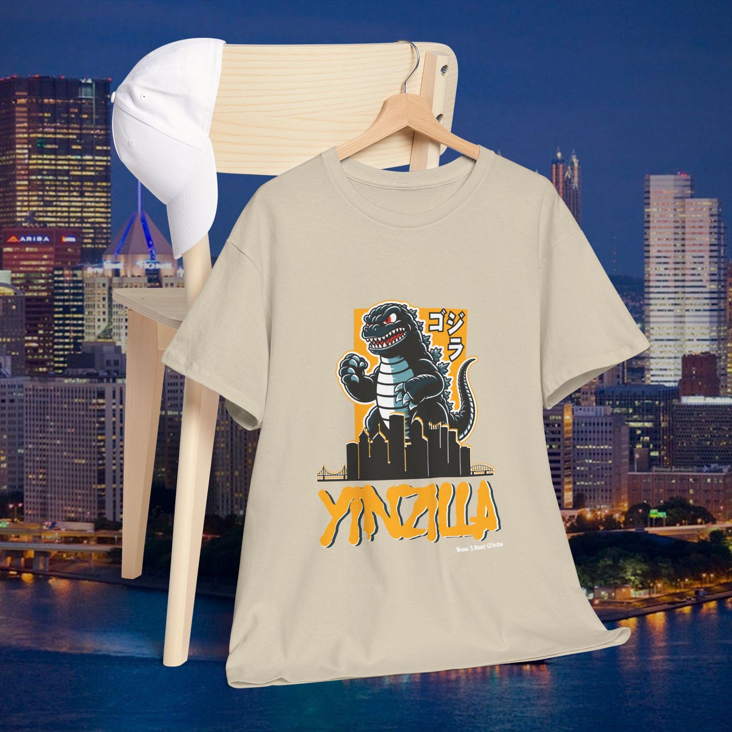 YINZILLA Black and Gold T-Shirt Giant Lizard & Pittsburgh Skyline Silhouette Funny Yinzer PGH Monster Tee