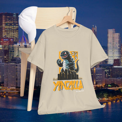 YINZILLA Black and Gold T-Shirt Giant Lizard & Pittsburgh Skyline Silhouette Funny Yinzer PGH Monster Tee