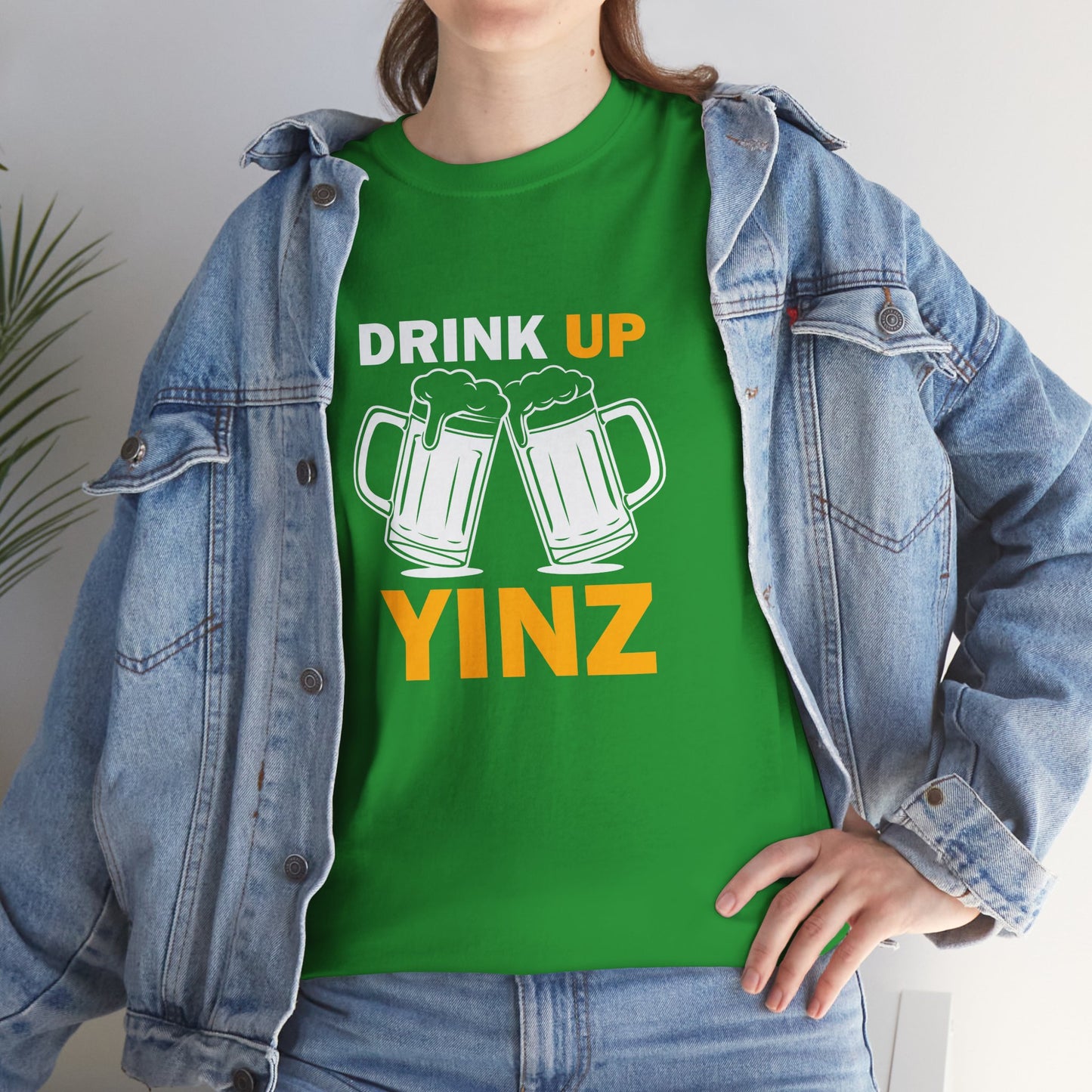 Drink Up YINZ T-Shirt Two Beer Mugs Graphic | Funny Pittsburghese Yinzer Shirt | PGH Party & Tailgate Tee