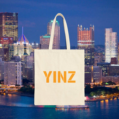 YINZ Canvas Tote Bag Pittsburghese Tote in Gold Lettering | Yinzer Gift | Pittsburgh Shopper Bag | Steel City Reusable Tote
