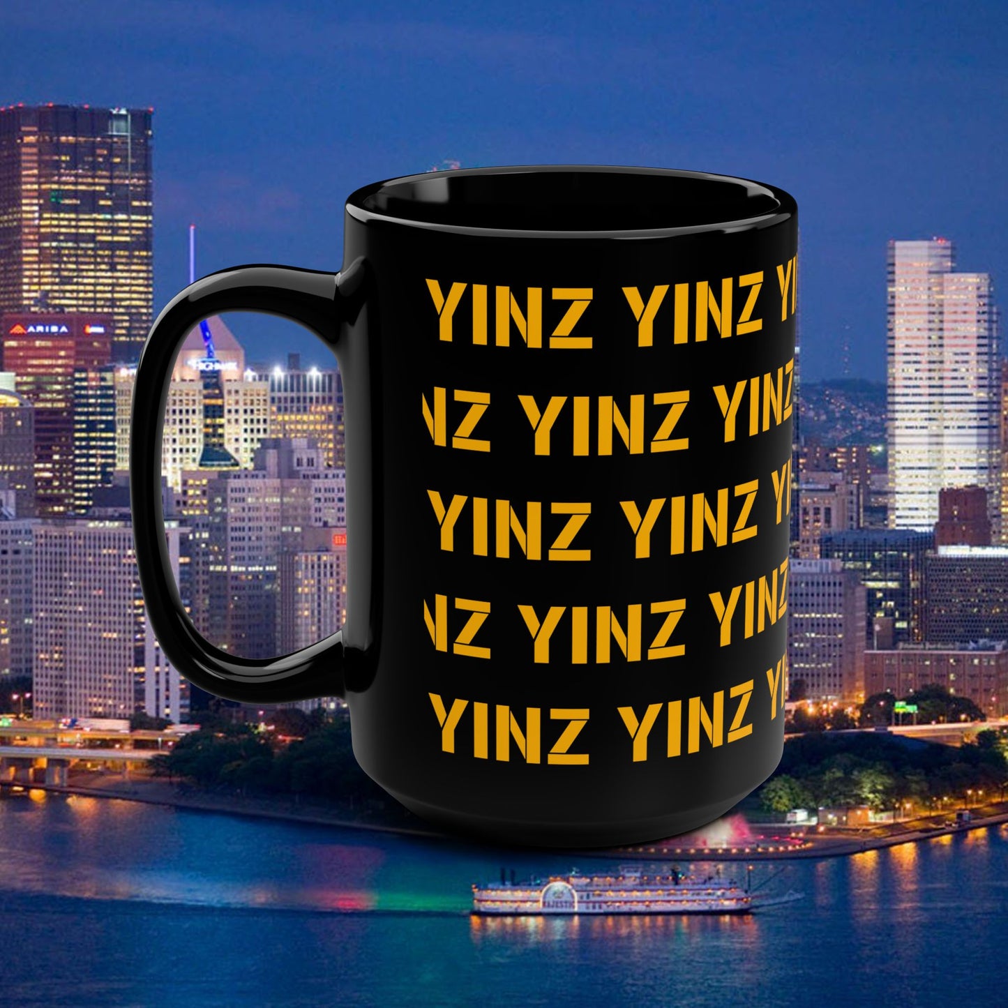 Yinz Pittsburgh Mug 15oz | Black Coffee Mug | Pittsburghese Repeating Pattern | Yinzer Gift | Steel City Coffee Cup