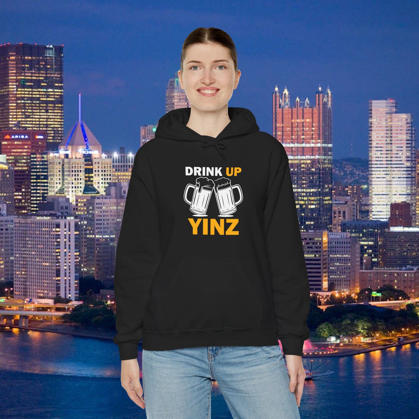 Drink Up YINZ Hoodie Two Beer Glasses Graphic | Funny Pittsburghese Yinzer Sweatshirt | PGH Tailgate Hoodie