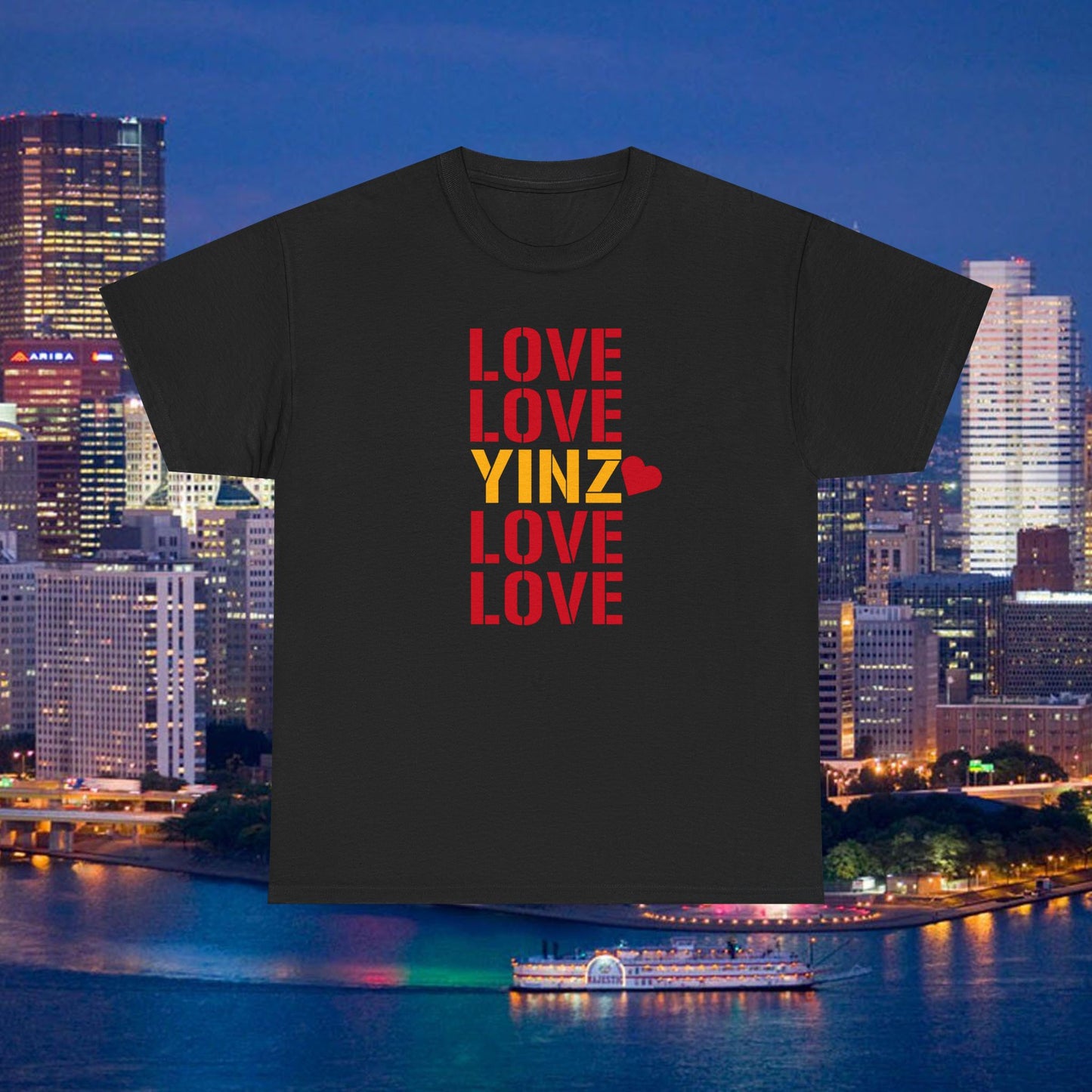 LOVE YINZ T-Shirt with Heart | Pittsburghese Yinzer Tee | PGH Pride Shirt | Black & Gold Love | Pittsburgh Gift