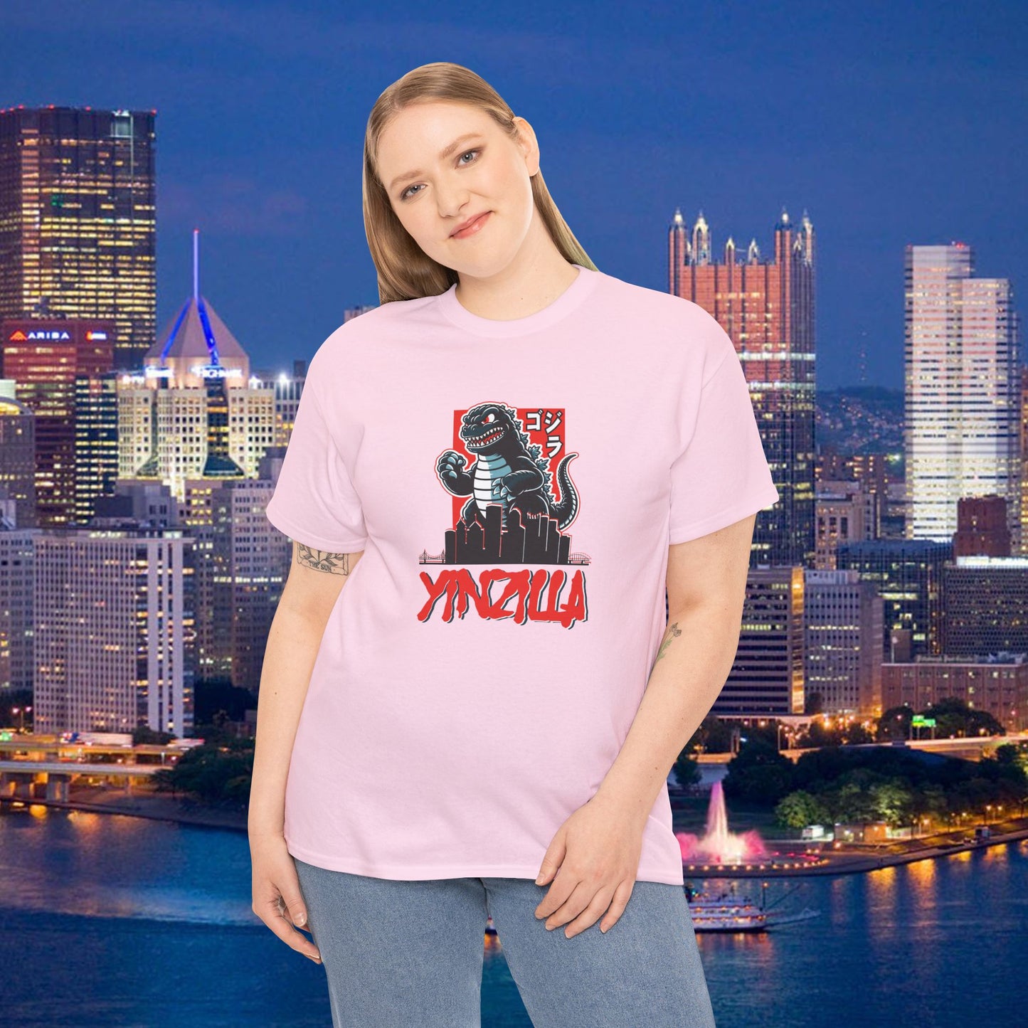 YINZILLA T-Shirt  Giant Lizard & Pittsburgh Skyline Silhouette Funny Yinzer PGH Monster Tee