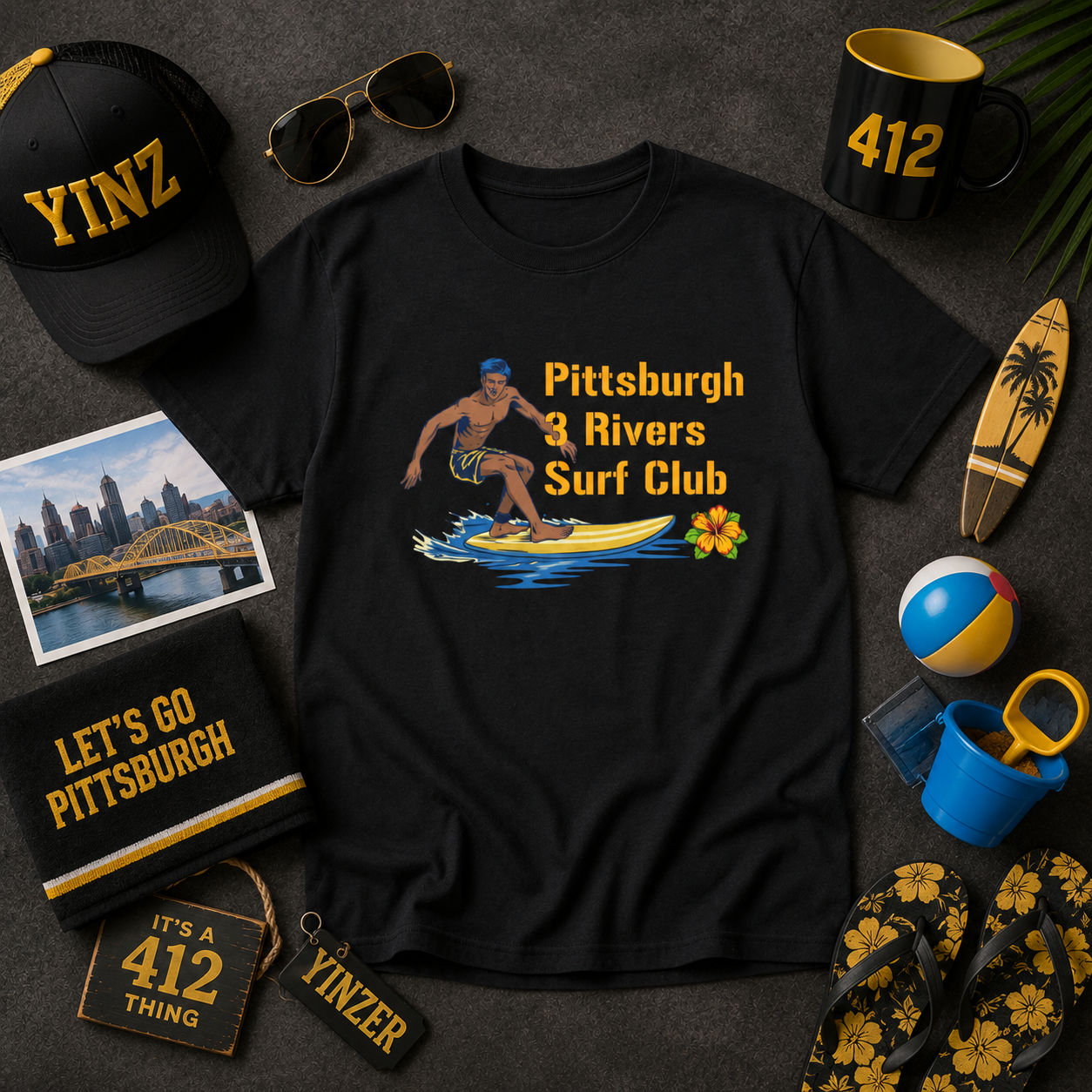 3 Rivers Surf Club T-Shirt | Pittsburgh Parody Surf Tee | Yinzer River Life Shirt | Steel City Humor Graphic Tee | PGH Gift