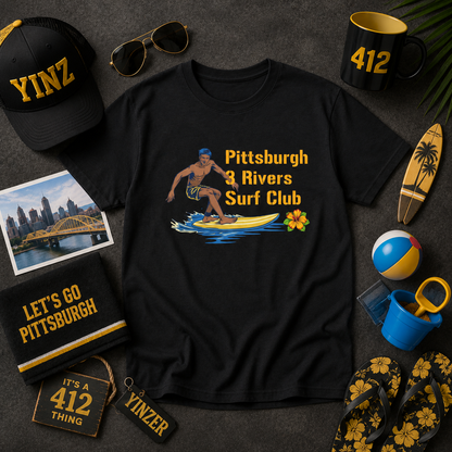 3 Rivers Surf Club T-Shirt | Pittsburgh Parody Surf Tee | Yinzer River Life Shirt | Steel City Humor Graphic Tee | PGH Gift