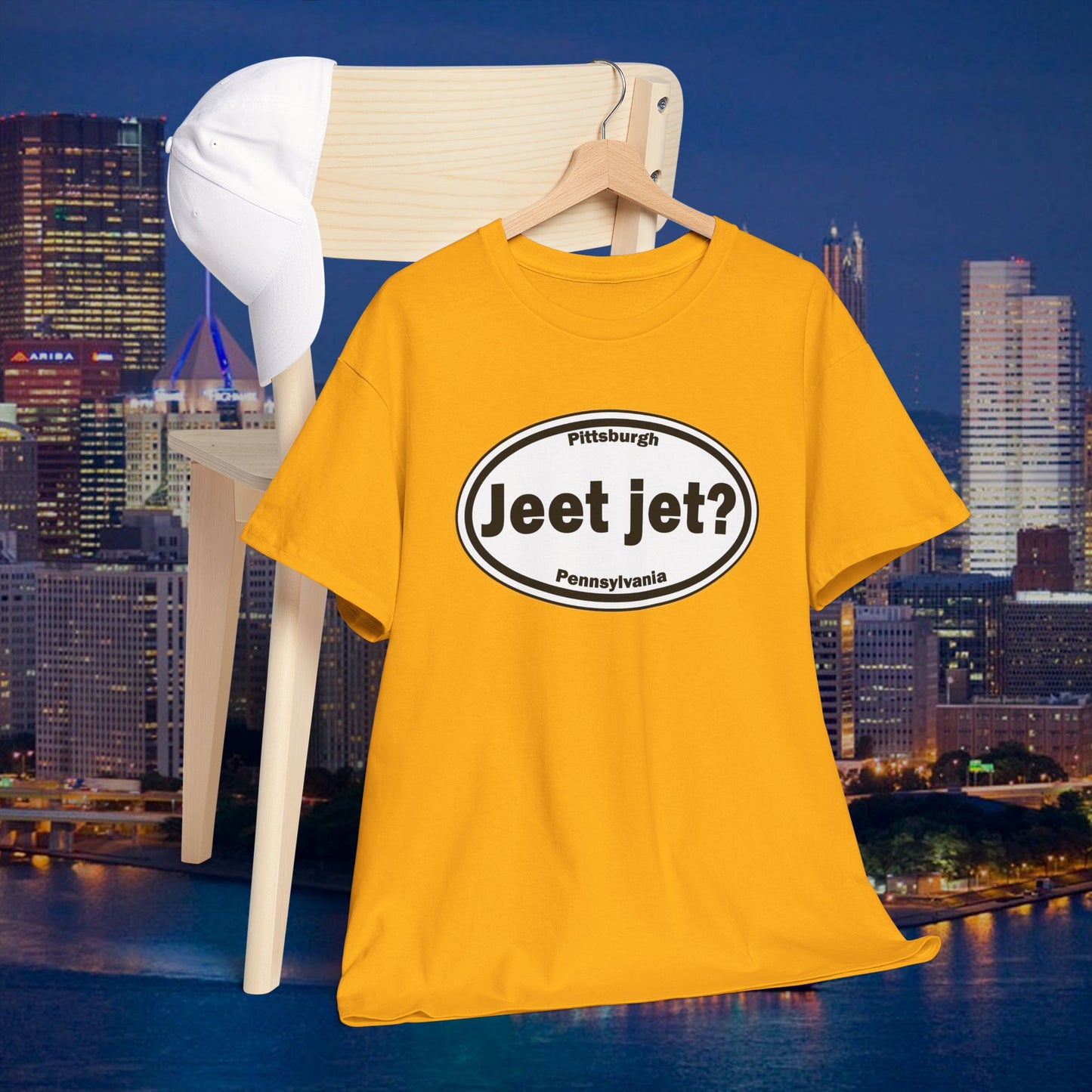 Jeet Jet Pittsburghese Oval T-Shirt | Yinzer Phrase Graphic Tee | PGH Slang Did You Eat Yet Shirt