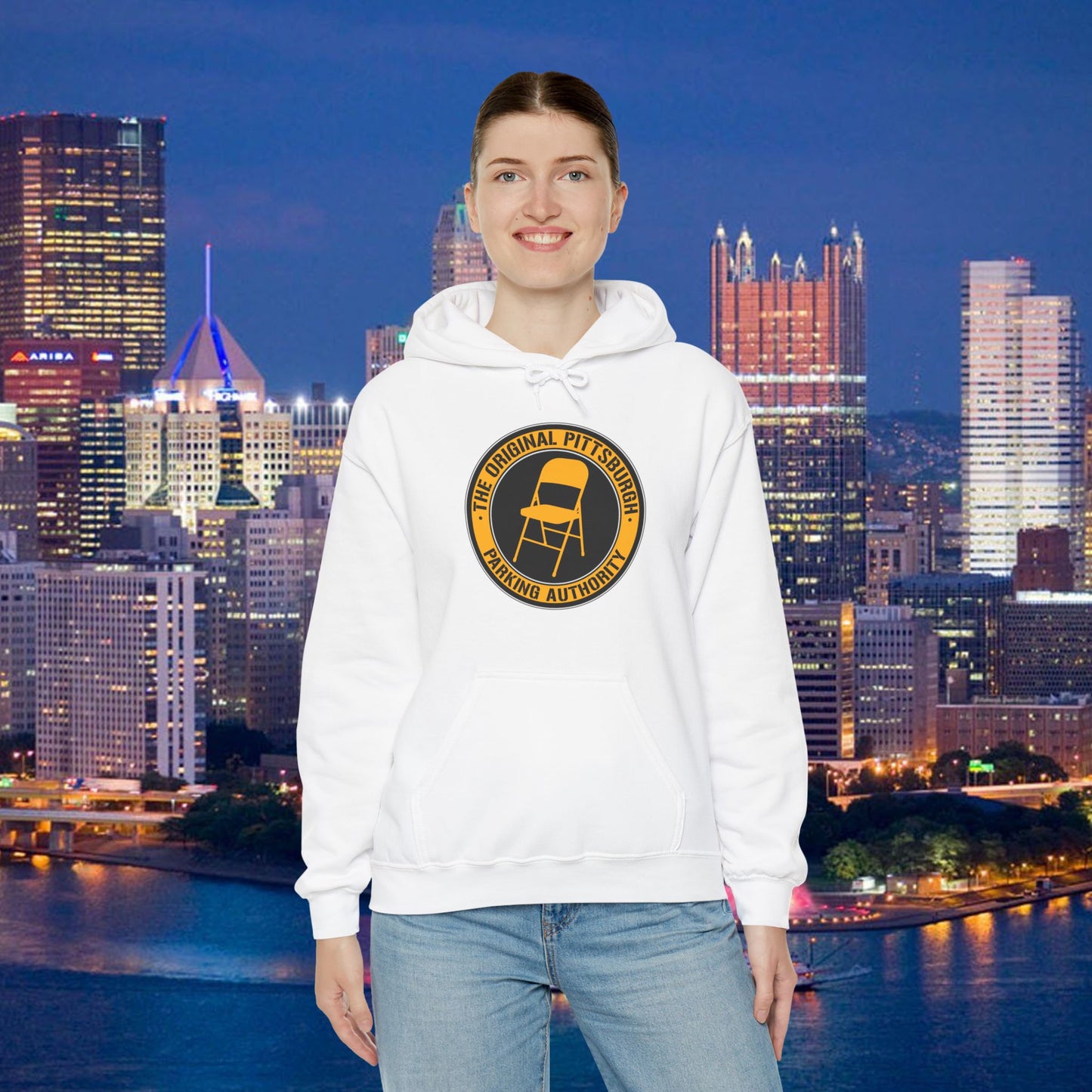 Pittsburgh Parking Chair Hoodie Original Pittsburgh Parking Authority Emblem | Funny Yinzer Pullover | Steel City Gift