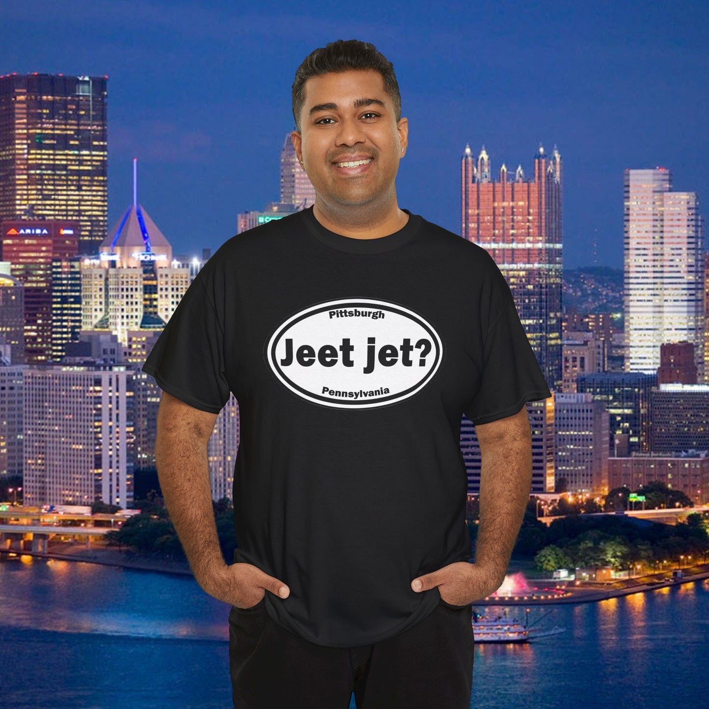 Jeet Jet Pittsburghese Oval T-Shirt | Yinzer Phrase Graphic Tee | PGH Slang Did You Eat Yet Shirt