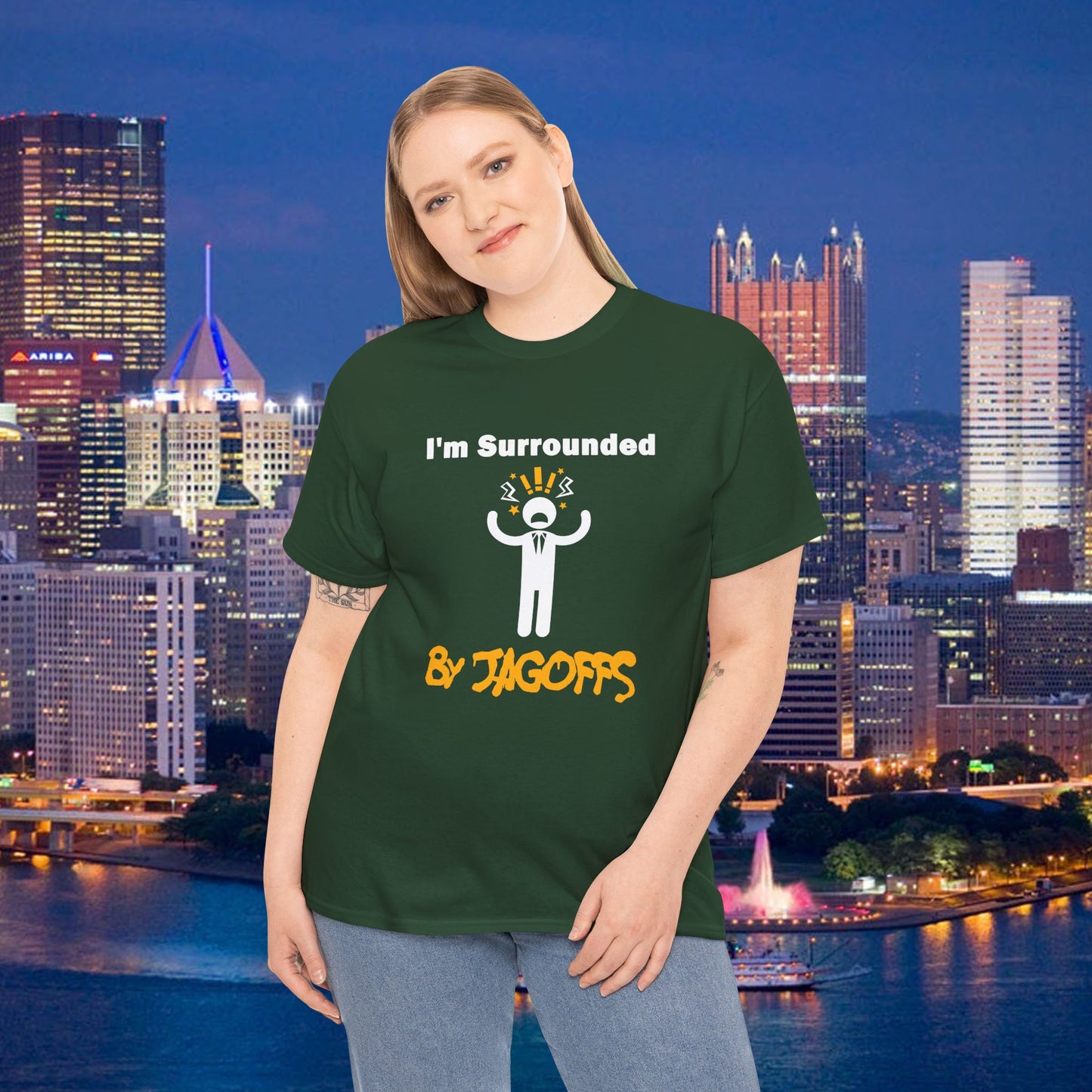 Im Surrounded by Jagoffs Shirt, Funny Pittsburghese Tee, Yinzer Humor T Shirt, Sarcastic Pittsburgh Gift, Stressed Stick Figure Graphic Tee