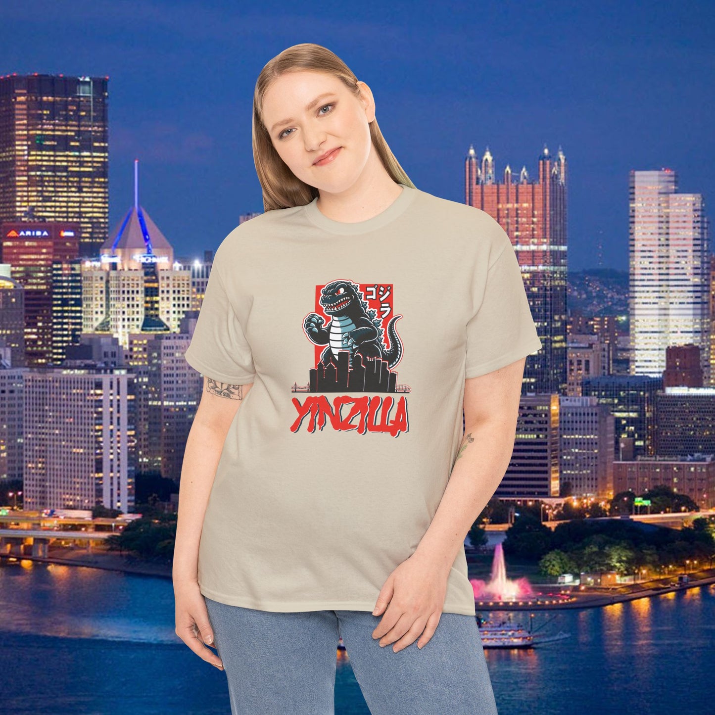 YINZILLA T-Shirt  Giant Lizard & Pittsburgh Skyline Silhouette Funny Yinzer PGH Monster Tee