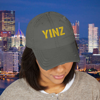 YINZ Pittsburgh Hat Embroidered Distressed Baseball Cap (Gold Thread) | Pittsburghese Dad Hat | Vintage Washed Crew Cap
