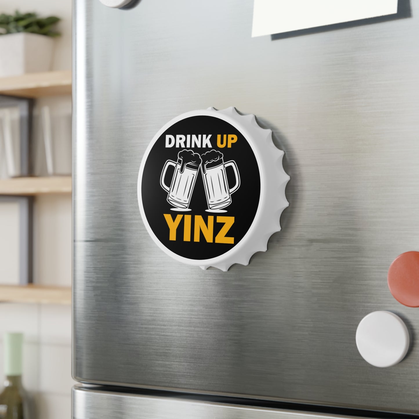 Drink Up YINZ Magnetic Bottle Opener, Pittsburghese Beer Opener, Yinzer Bar Decor, Black and Gold Pittsburgh Gift