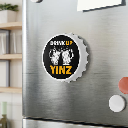 Drink Up YINZ Magnetic Bottle Opener, Pittsburghese Beer Opener, Yinzer Bar Decor, Black and Gold Pittsburgh Gift