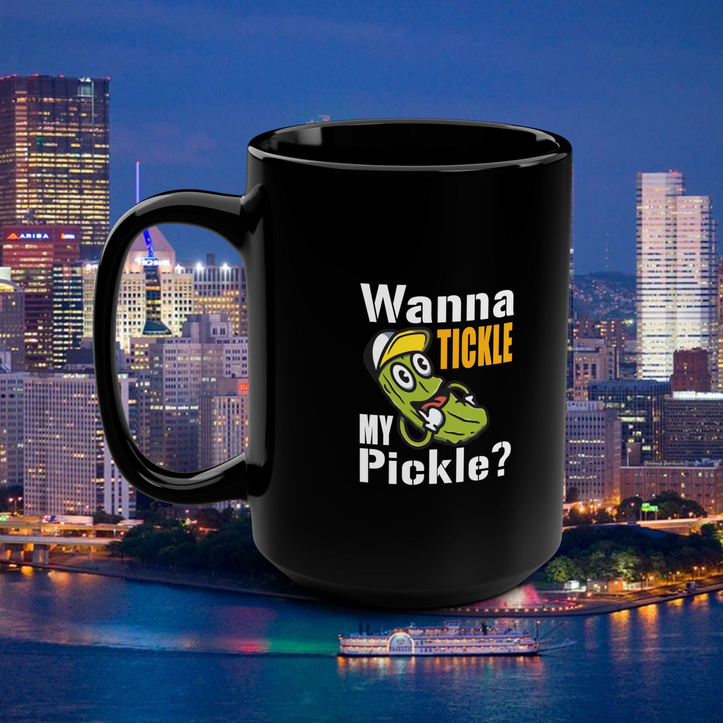 Wanna Tickle My Pickle? Coffee Mug | Funny Pickle Mug 15oz | Cute Pickle Cartoon Cup | Gag Gift Mug | Adult Humor Coffee Cup