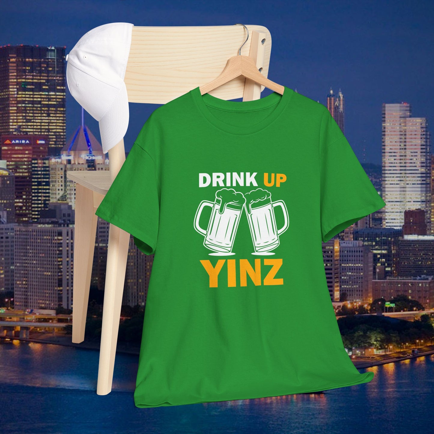 Drink Up YINZ T-Shirt Two Beer Mugs Graphic | Funny Pittsburghese Yinzer Shirt | PGH Party & Tailgate Tee