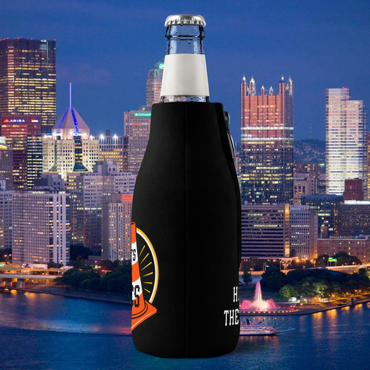 Hoist the Cone Bottle Coozie, Lets Go Bucs Zip-Up Holder, Pittsburgh Baseball Fan Gift, Funny Game Day Drink Sleeve
