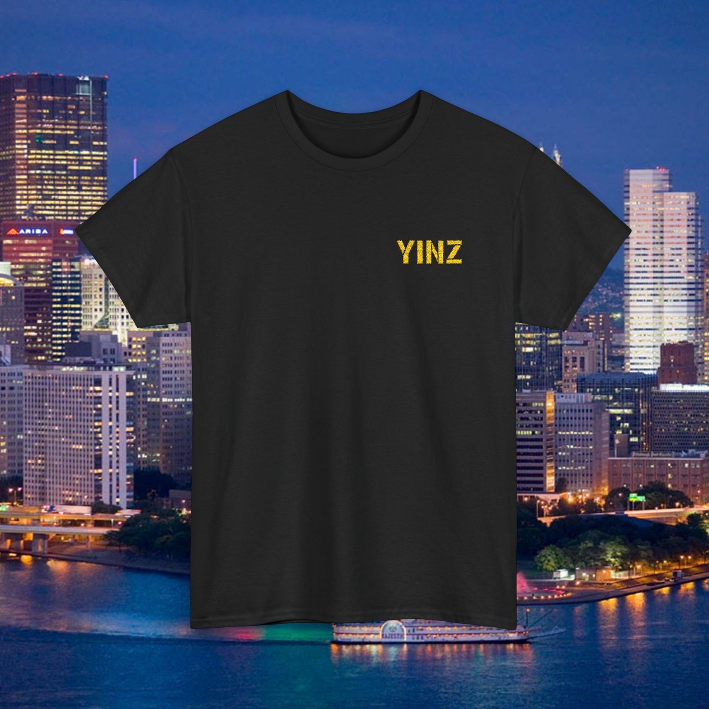 Black Embroidered T-Shirt YINZ in Gold Thread (Left Chest) | Pittsburghese Yinzer Tee | Steel City Pride
