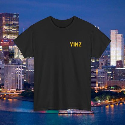 Black Embroidered T-Shirt YINZ in Gold Thread (Left Chest) | Pittsburghese Yinzer Tee | Steel City Pride