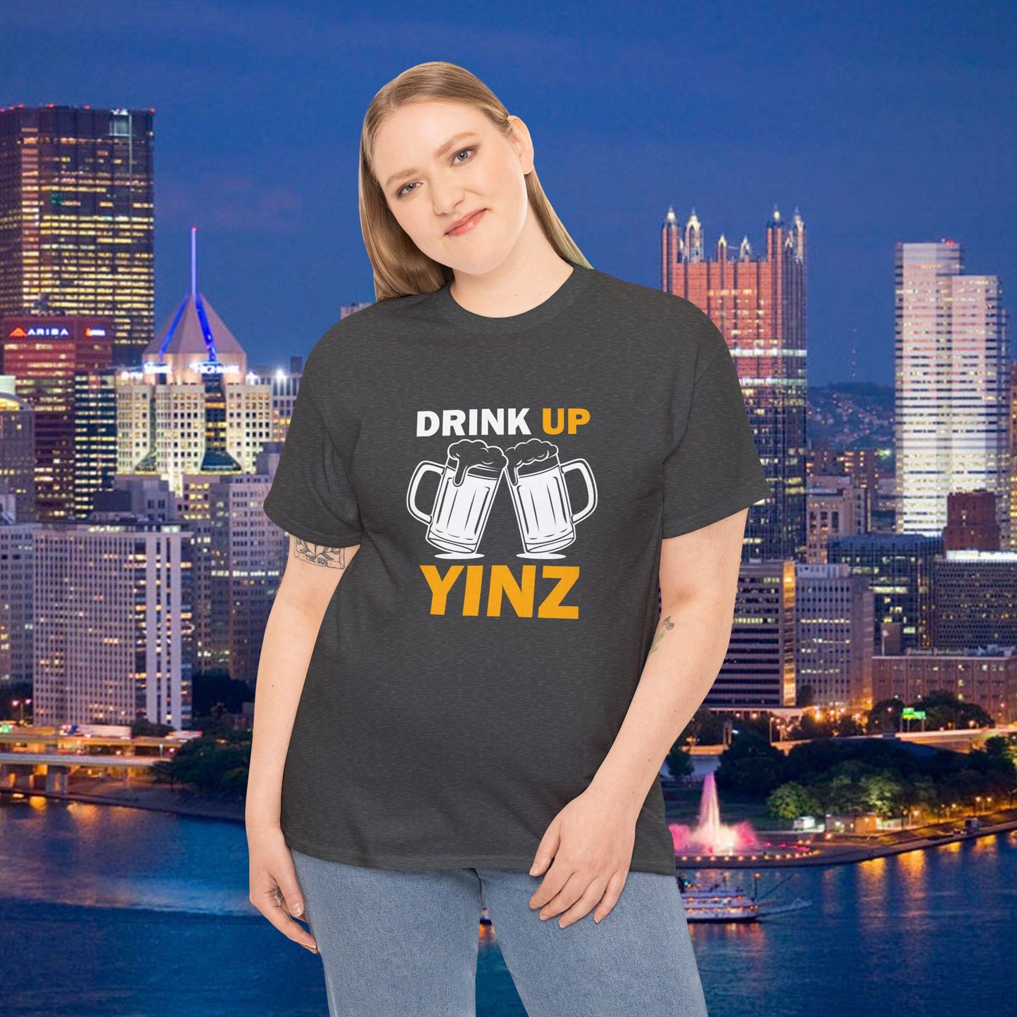 Drink Up YINZ T-Shirt Two Beer Mugs Graphic | Funny Pittsburghese Yinzer Shirt | PGH Party & Tailgate Tee