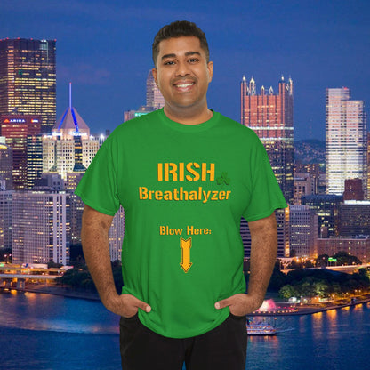 Irish Breathalyzer Blow Here T-Shirt | Funny St Patricks Day Pittsburgh Yinzer Shirt | Steelers Style Font Parody | Irish Drinking Tee