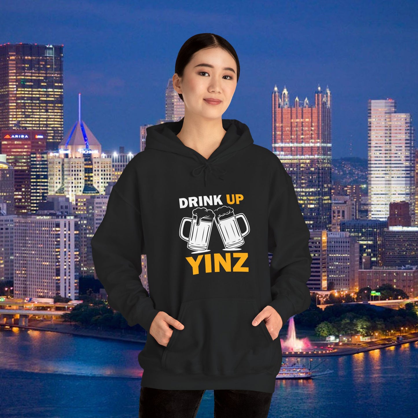 Drink Up YINZ Hoodie Two Beer Glasses Graphic | Funny Pittsburghese Yinzer Sweatshirt | PGH Tailgate Hoodie