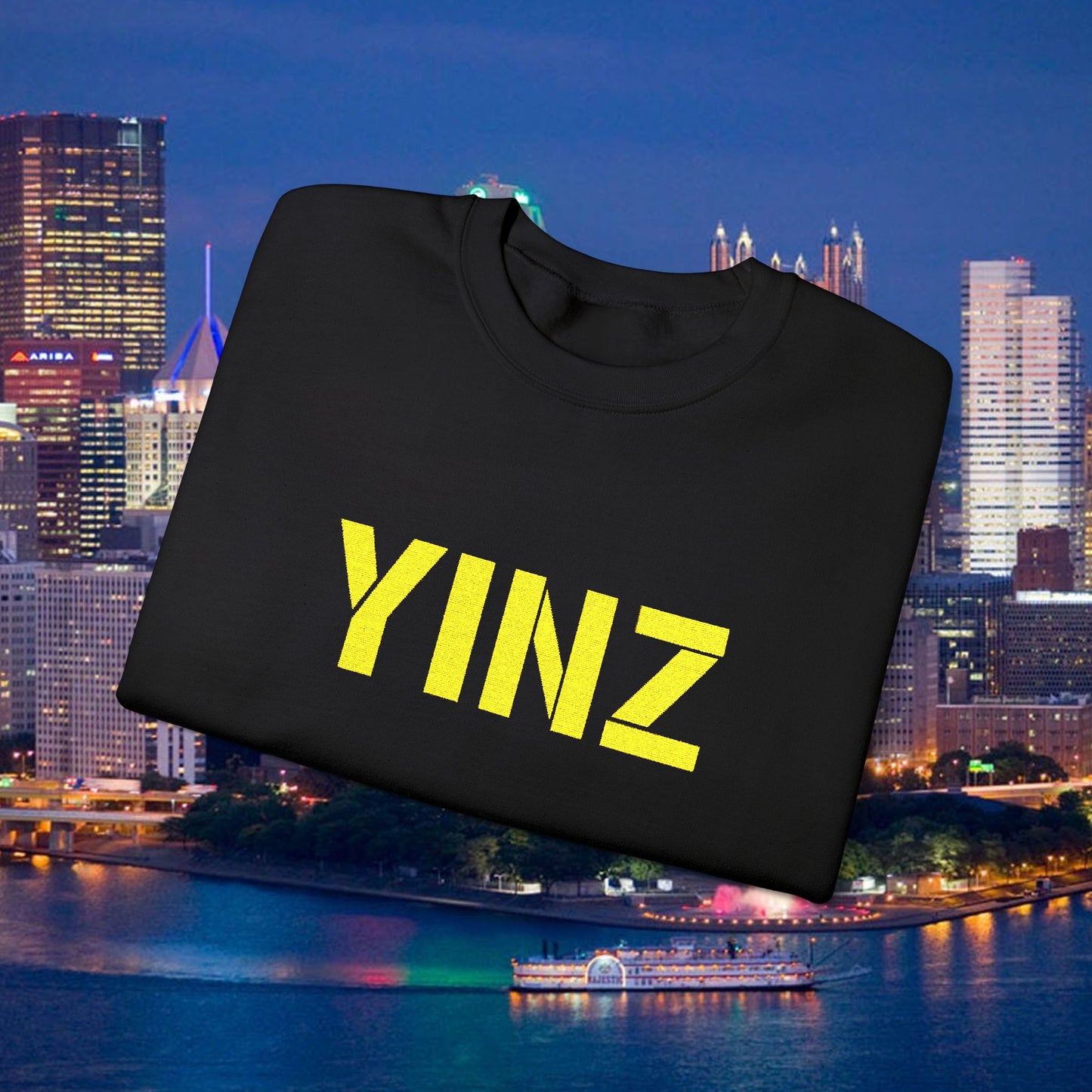 Black YINZ Embroidered Crewneck Sweatshirt, Pittsburghese Apparel, Gold Stitching, Steel City Gift, Unisex Cozy Sweater