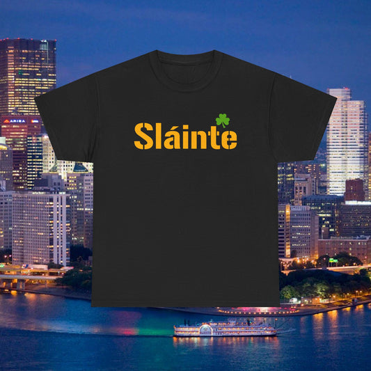 Sláinte Shamrock Pittsburgh Style T-Shirt | Yinzer Irish Pride Tee | Black & Gold Game Day Vibe Shirt | St Patricks Day Pittsburgh Gift
