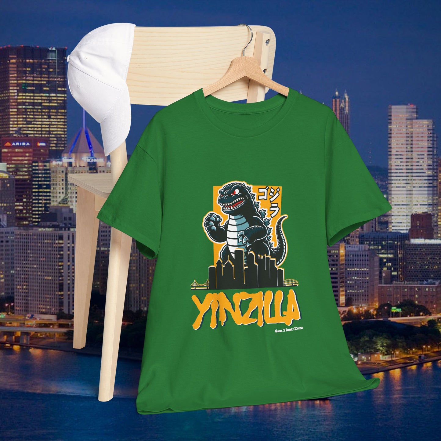 YINZILLA Black and Gold T-Shirt Giant Lizard & Pittsburgh Skyline Silhouette Funny Yinzer PGH Monster Tee