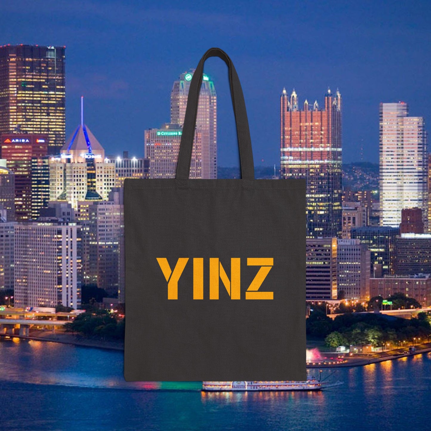 YINZ Canvas Tote Bag Pittsburghese Tote in Gold Lettering | Yinzer Gift | Pittsburgh Shopper Bag | Steel City Reusable Tote