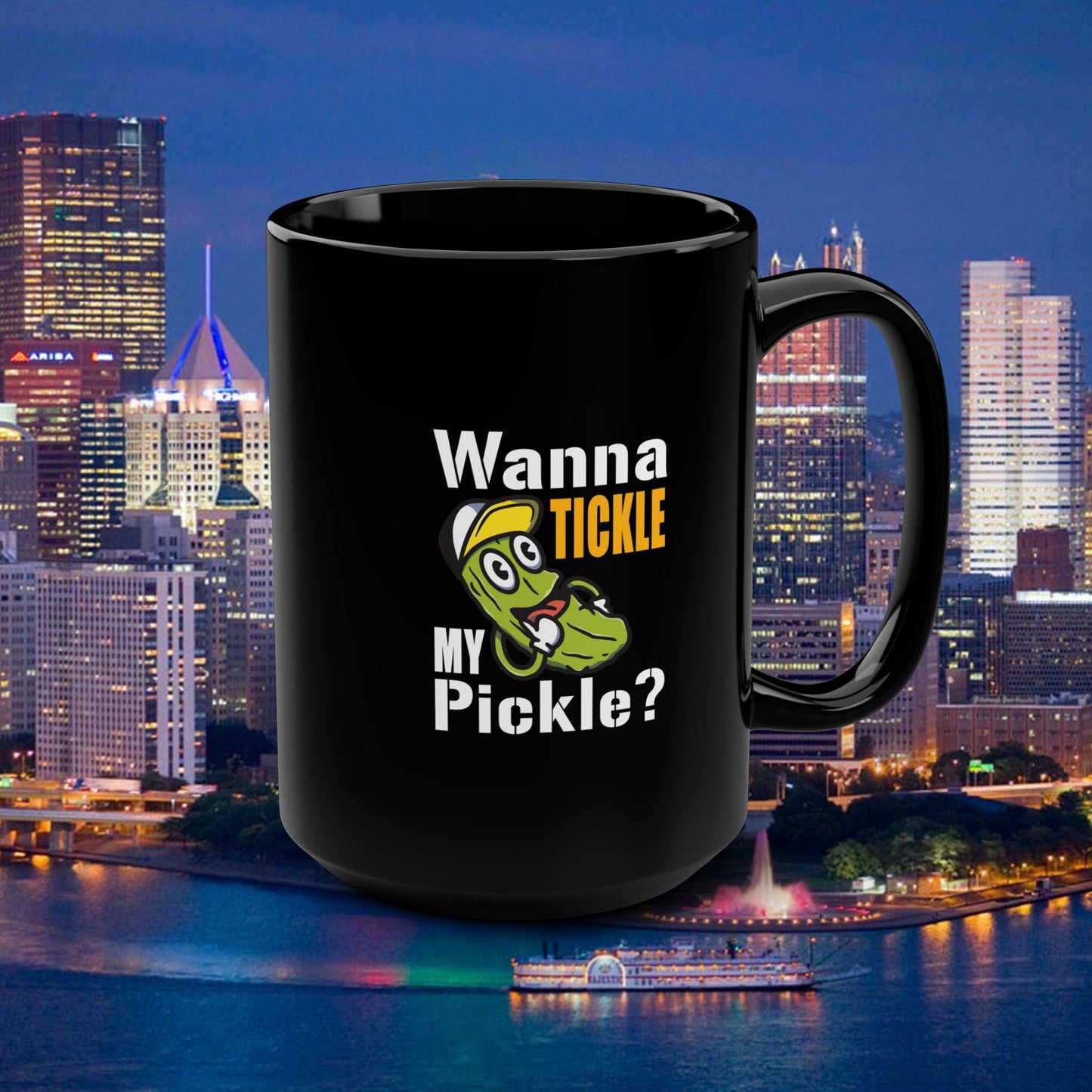 Wanna Tickle My Pickle? Coffee Mug | Funny Pickle Mug 15oz | Cute Pickle Cartoon Cup | Gag Gift Mug | Adult Humor Coffee Cup