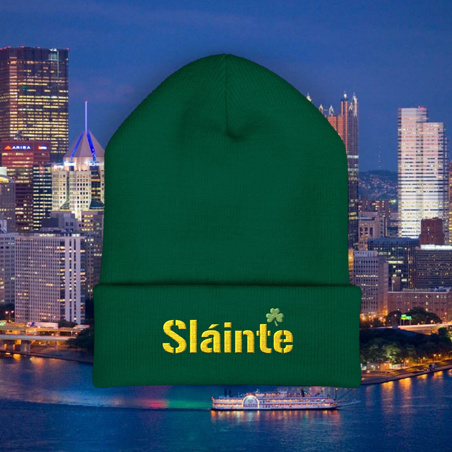 Slainte Shamrock Embroidered Beanie | Pittsburgh Yinzer Inspired Irish Hat | Black & Gold Style Winter Cap | St Patricks Day Gift