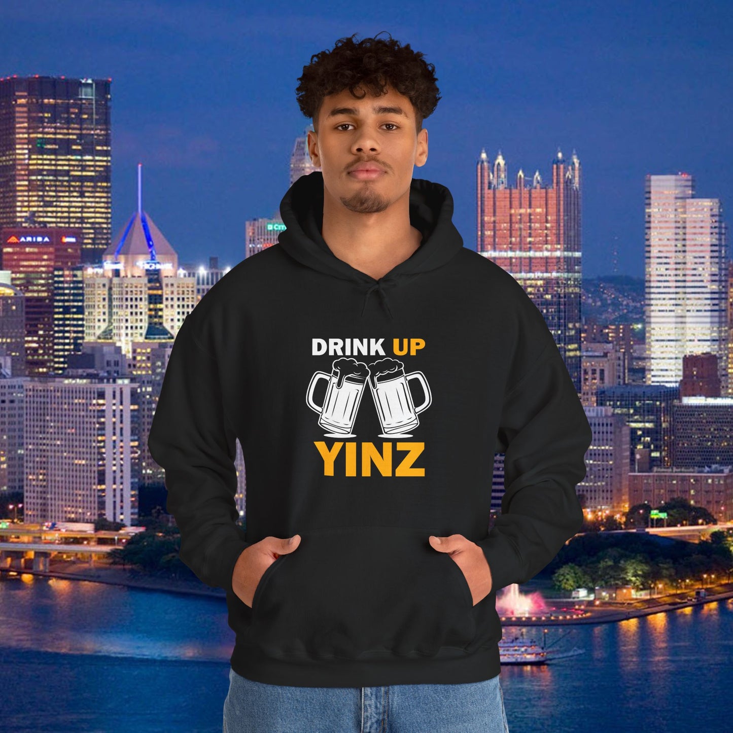 Drink Up YINZ Hoodie Two Beer Glasses Graphic | Funny Pittsburghese Yinzer Sweatshirt | PGH Tailgate Hoodie