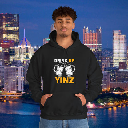Drink Up YINZ Hoodie Two Beer Glasses Graphic | Funny Pittsburghese Yinzer Sweatshirt | PGH Tailgate Hoodie