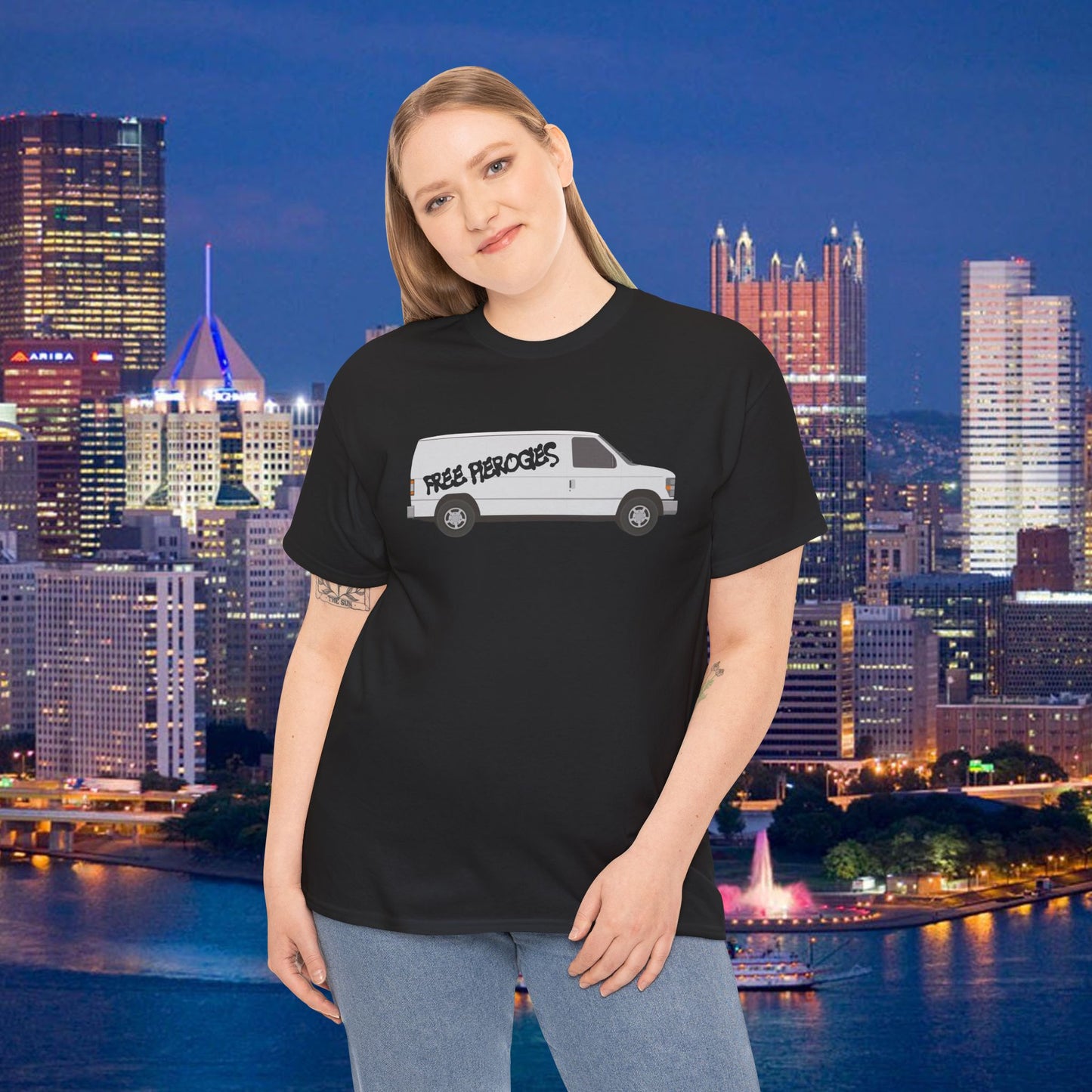 Free Pierogies White Van T-Shirt | Pittsburgh Pierogi Humor Tee | Yinzer Joke PGH Shirt